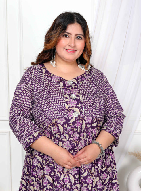 Miravan Womens Plus Size Purple Cotton Floral Gota Lace Work Anarkali Kurta