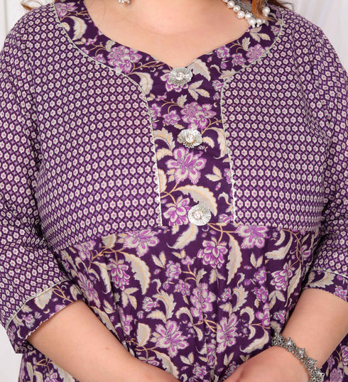 Miravan Womens Plus Size Purple Cotton Floral Gota Lace Work Anarkali Kurta