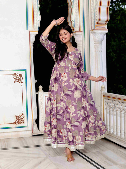 Miravan Womens Purple Flower Printed With Beautiful Lace Border Details Anarkali Kurta
