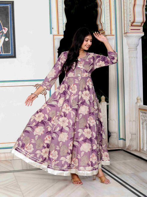 Miravan Womens Purple Flower Printed With Beautiful Lace Border Details Anarkali Kurta