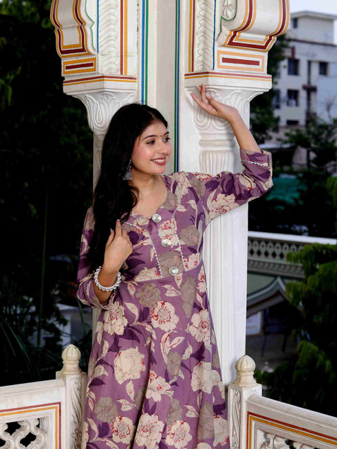 Miravan Womens Purple Flower Printed With Beautiful Lace Border Details Anarkali Kurta