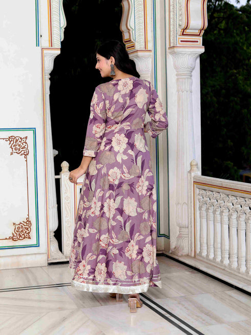 Miravan Womens Purple Flower Printed With Beautiful Lace Border Details Anarkali Kurta