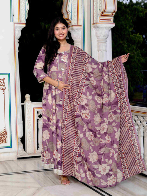 Miravan Womens Purple Flower Printed With Lace Border Anarkali Kurta With Dupatta Set