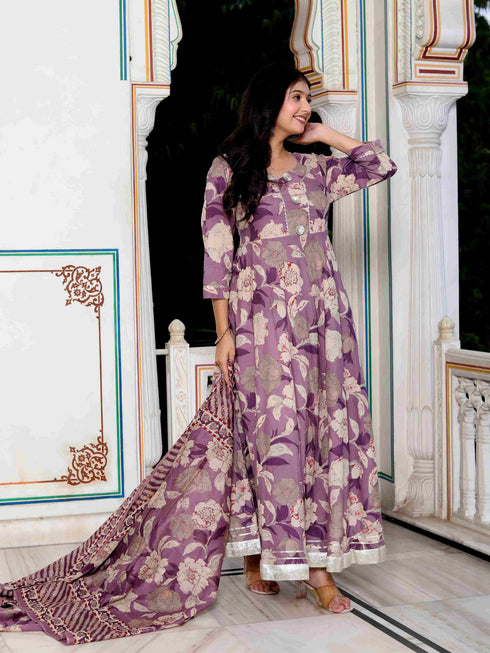 Miravan Womens Purple Flower Printed With Lace Border Anarkali Kurta With Dupatta Set