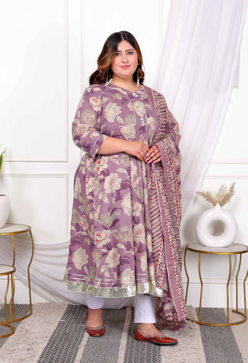 Miravan Womens Plus Size Purple Flower Printed With Beautiful Lace Border Details Anarkali Kurta With Dupatta Set