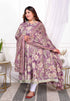 Miravan Womens Plus Size Purple Flower Printed With Beautiful Lace Border Details Anarkali Kurta With Dupatta Set