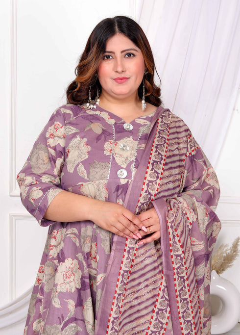 Miravan Womens Plus Size Purple Flower Printed With Beautiful Lace Border Details Anarkali Kurta With Dupatta Set