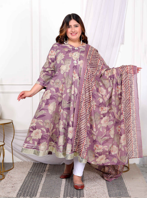 Miravan Womens Plus Size Purple Flower Printed With Beautiful Lace Border Details Anarkali Kurta With Dupatta Set