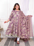 Miravan Womens Plus Size Purple Flower Printed With Beautiful Lace Border Details Anarkali Kurta With Dupatta Set