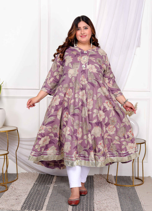 Miravan Womens Plus Size Purple Flower Printed With Beautiful Lace Border Details Anarkali Kurta