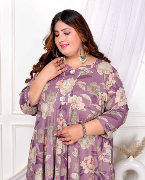 Miravan Womens Plus Size Purple Flower Printed With Beautiful Lace Border Details Anarkali Kurta