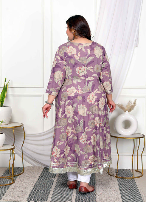 Miravan Womens Plus Size Purple Flower Printed With Beautiful Lace Border Details Anarkali Kurta