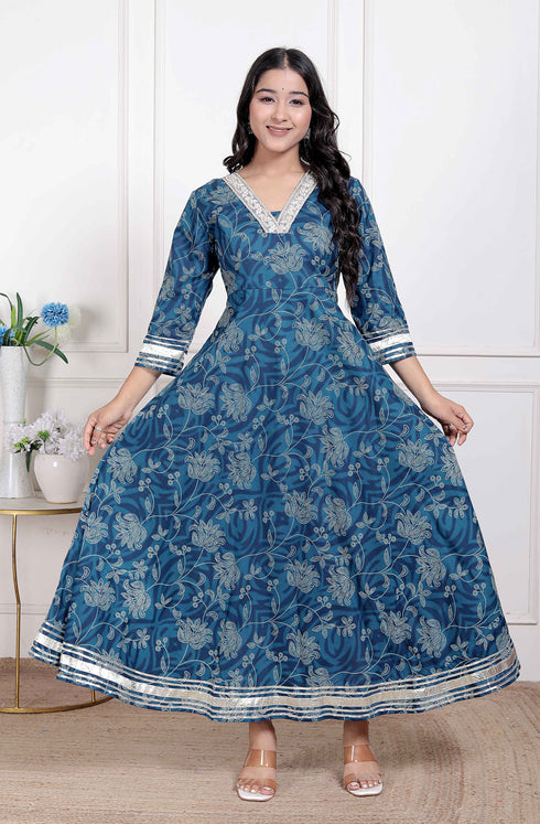 Miravan Womens Blue cotton Embroidered Neck Anarkali Kurta