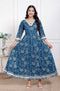 Miravan Womens Blue cotton Embroidered Neck Anarkali Kurta