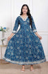 Miravan Womens Blue cotton Embroidered Neck Anarkali Kurta