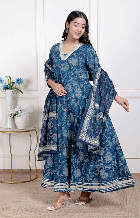 Miravan Womens Jashn Hand Block Printed ethnic anarkali kurta and dupatta