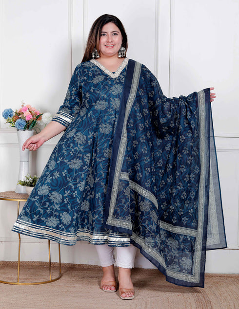 Miravan Plus Size Womens Jashn Hand Block Printed ethnic anarkali kurta and dupatta