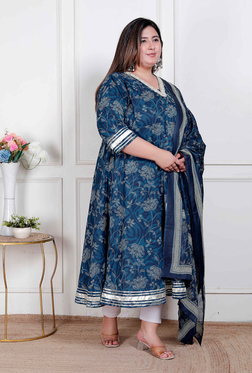 Miravan Plus Size Womens Jashn Hand Block Printed ethnic anarkali kurta and dupatta