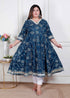 Miravan Plus Size Womens Blue cotton Embroidered Neck Anarkali Kurta