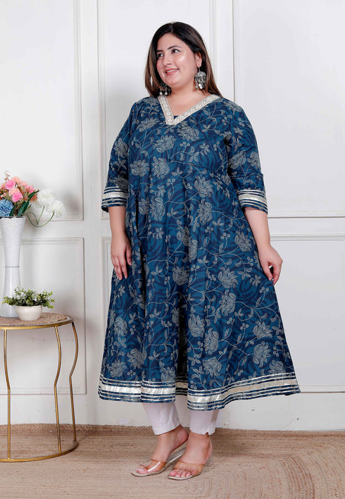 Miravan Plus Size Womens Blue cotton Embroidered Neck Anarkali Kurta