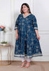Miravan Plus Size Womens Blue cotton Embroidered Neck Anarkali Kurta