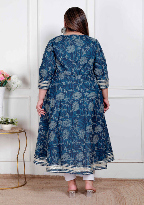 Miravan Plus Size Womens Blue cotton Embroidered Neck Anarkali Kurta