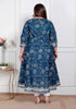 Miravan Plus Size Womens Blue cotton Embroidered Neck Anarkali Kurta