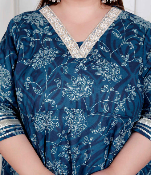 Miravan Plus Size Womens Blue cotton Embroidered Neck Anarkali Kurta