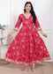 Miravan Womens Red Jaipuri Printed Cotton ethnic Anarkali Kurta