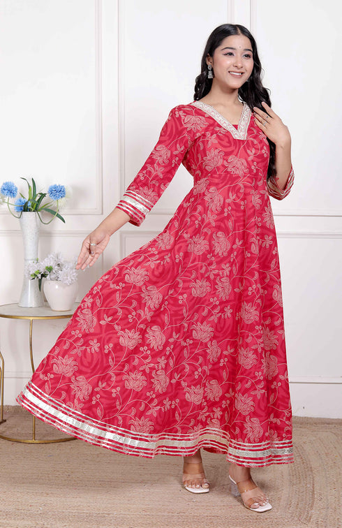 Miravan Womens Red Jaipuri Printed Cotton ethnic Anarkali Kurta