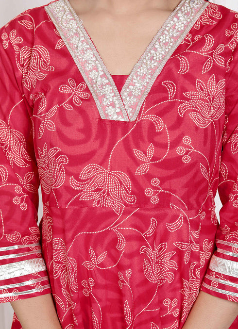 Miravan Womens Red Jaipuri Printed Cotton ethnic Anarkali Kurta