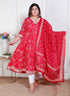 Miravan Plus Size Womens red Embroidered Anarkali Kurta and Dupatta