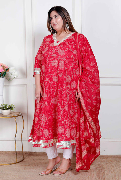 Miravan Plus Size Womens red Embroidered Anarkali Kurta and Dupatta