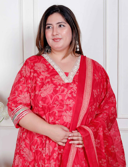 Miravan Plus Size Womens red Embroidered Anarkali Kurta and Dupatta