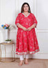 Miravan Plus Size Womens Red Jaipuri Printed Cotton ethnic Anarkali Kurta