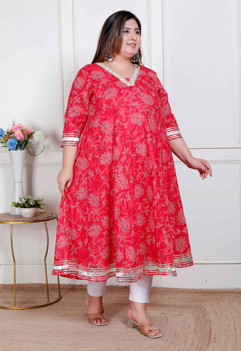 Miravan Plus Size Womens Red Jaipuri Printed Cotton ethnic Anarkali Kurta