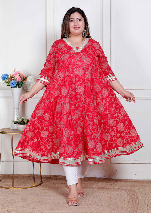Miravan Plus Size Womens Red Jaipuri Printed Cotton ethnic Anarkali Kurta
