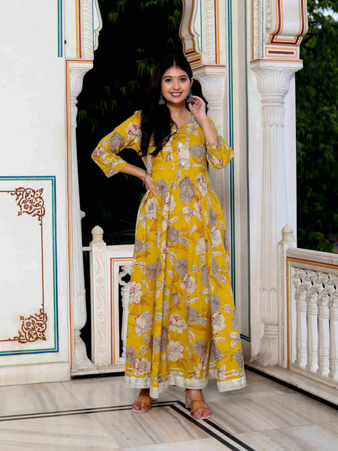 Miravan Womens Cotton Gotapatti And Lace Border Details Floral Printed Yellow Anarkali Kurta