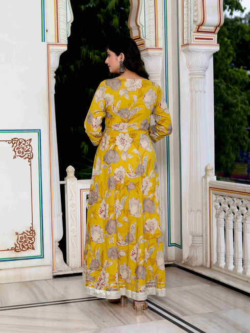 Miravan Womens Cotton Gotapatti And Lace Border Yellow Anarkali Kurta And Dupatta Set