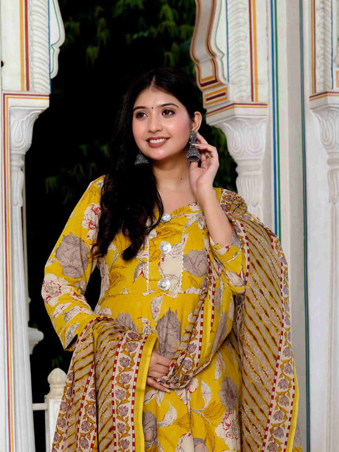 Miravan Womens Cotton Gotapatti And Lace Border Yellow Anarkali Kurta And Dupatta Set