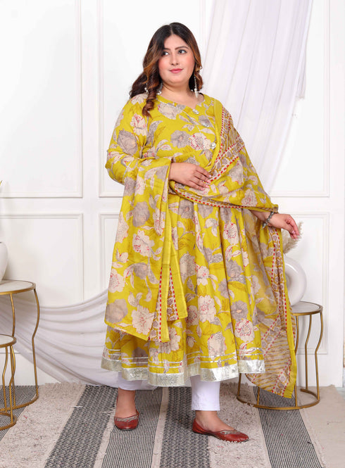 Miravan Womens Plus Size Cotton Gotapatti And Lace Border Details Floral Printed Yellow Anarkali Kurta And Dupatta Set