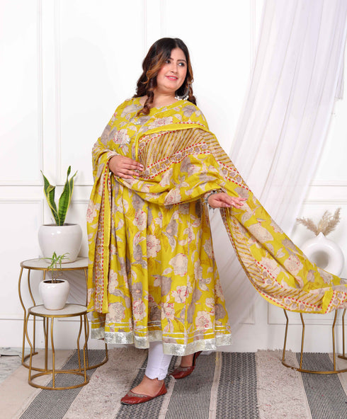 Miravan Womens Plus Size Cotton Gotapatti And Lace Border Details Floral Printed Yellow Anarkali Kurta And Dupatta Set