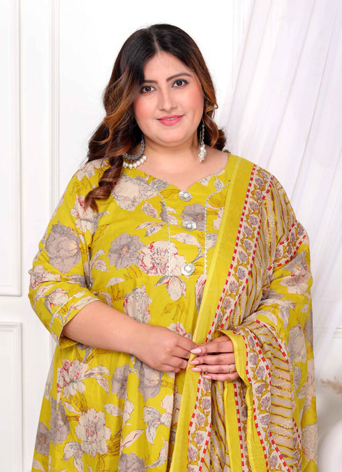 Miravan Womens Plus Size Cotton Gotapatti And Lace Border Details Floral Printed Yellow Anarkali Kurta And Dupatta Set