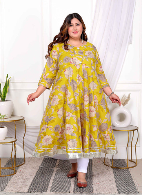 Miravan Womens Plus Size Cotton Gotapatti And Lace Border Details Floral Printed Yellow Anarkali Kurta
