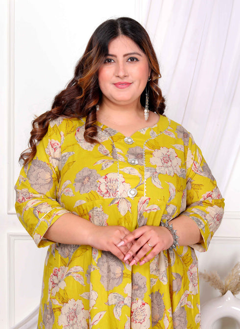 Miravan Womens Plus Size Cotton Gotapatti And Lace Border Details Floral Printed Yellow Anarkali Kurta