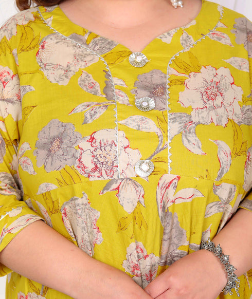Miravan Womens Plus Size Cotton Gotapatti And Lace Border Details Floral Printed Yellow Anarkali Kurta