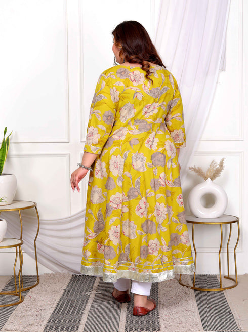 Miravan Womens Plus Size Cotton Gotapatti And Lace Border Details Floral Printed Yellow Anarkali Kurta