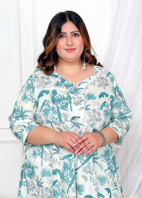 Miravan Womens Plus Size Light Green Cotton Gotapatti And Lace Border Details Birds And Leaf Floral Printed Anarkali Kurta