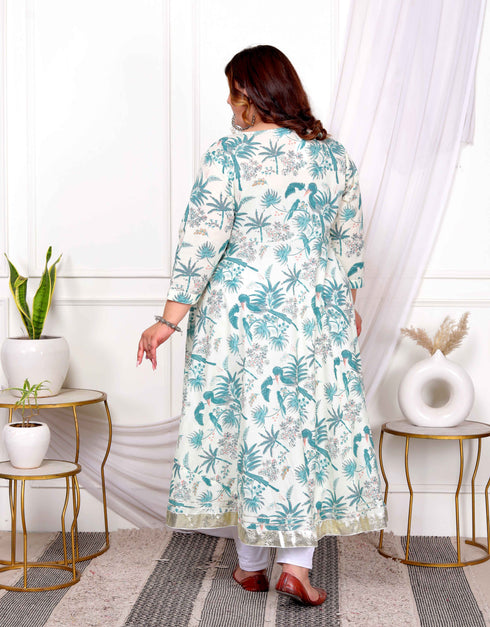 Miravan Womens Plus Size Light Green Cotton Gotapatti And Lace Border Details Birds And Leaf Floral Printed Anarkali Kurta