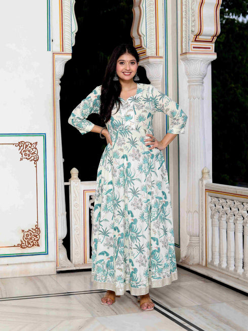 Miravan Womens Light Green Cotton Gotapatti And Lace Border Birds And Leaf Anarkali Kurta